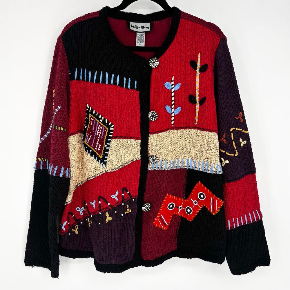 Indigo Moon Geometric Embroidered Beaded Colorblock Cardigan Sweater Size M